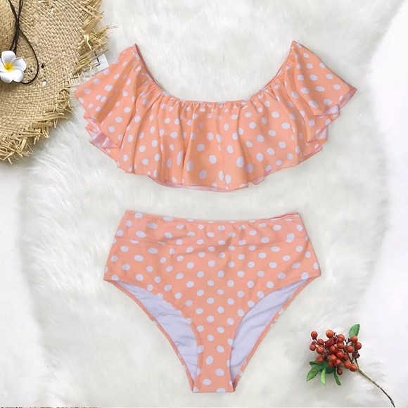 Peach Polka Dot Ruffle High Waist Bikini Swimsuit - Picture 4 of 7
